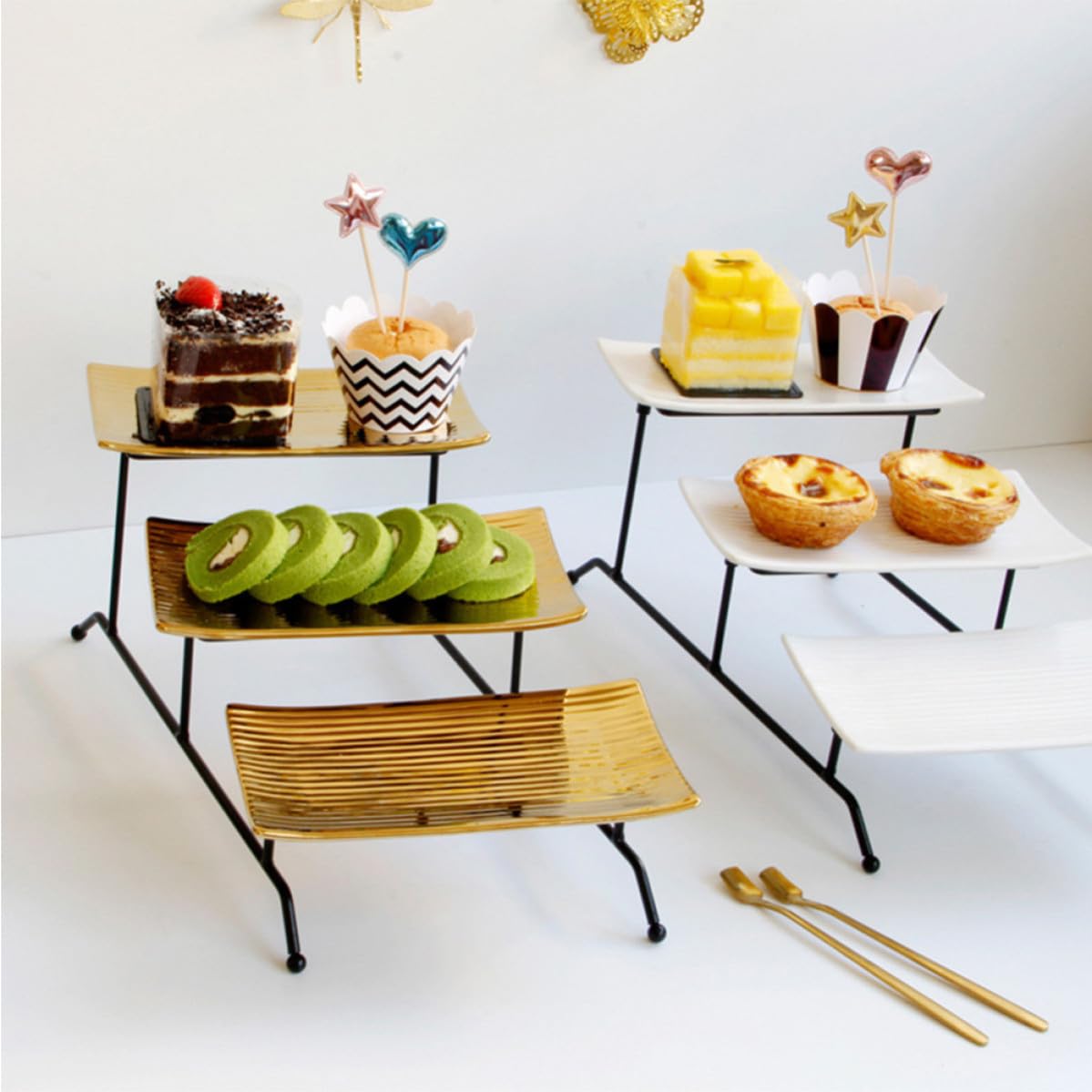 PRETYZOOM Présentoir à Gâteaux Élégant et Moderne 3 Niveaux en Céramique et Fer Détachable Facile à Nettoyer , pour Fête D'anniversaire et Réception