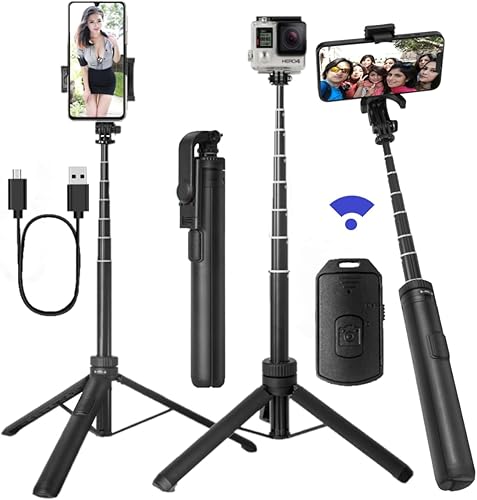 Trípode de 66 pulgadas para iPhone y cámara, trípode portátil para teléfono con control remoto recargable y soporte giratorio para teléfono, palo
