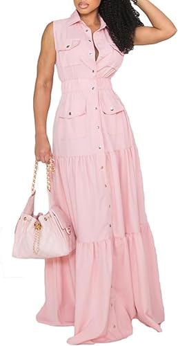Famnbro Womens Button Down Dress Sleeveless Collared High Waisted Work Business 