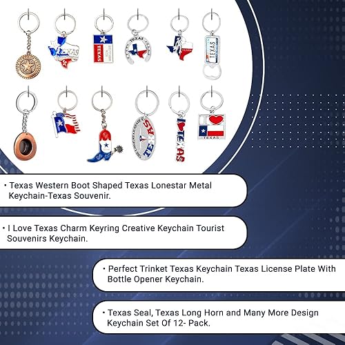 Miniatura 2 de Paquete de 12 llaveros de metal de recuerdo de Texas Lone Star en el mapa del estado de Texas, no te metas con Texas, I Love Texas, Longhorn, Texas