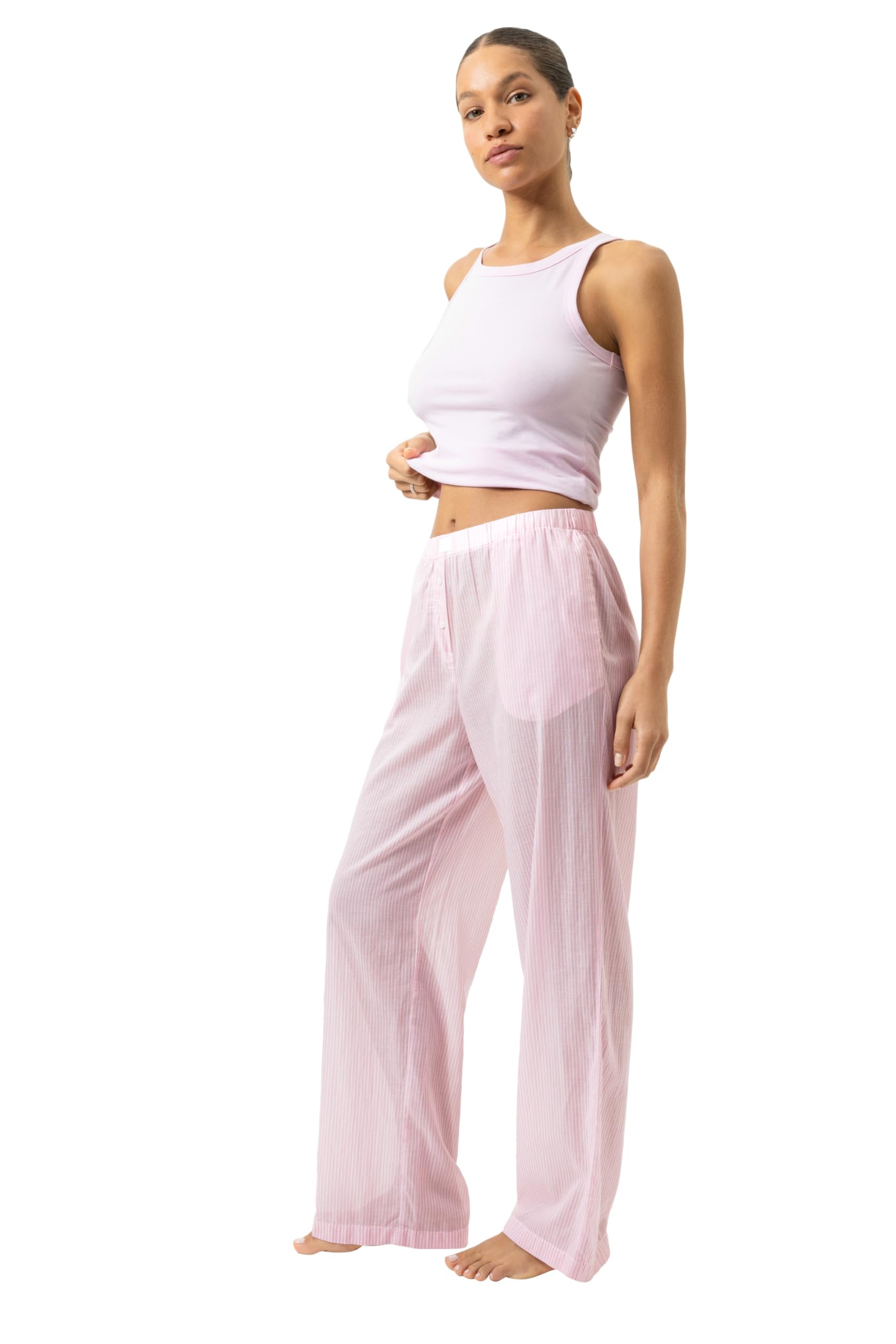Mey Damen Hose lang: Leichte Schlafhose, Lässiger gerader Schnitt, Seitliche Taschen, Gummibund mit Zierknopfleiste, Powder-Blue-Streifen, Serie Cotton Stripes