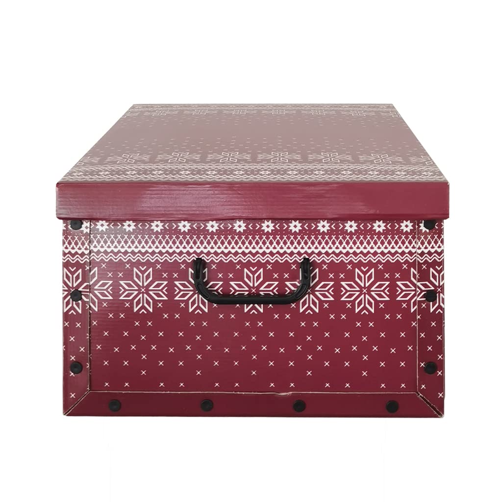 Kreher Set aus 3 Deko Kartons aus stabiler Pappe mit Griffen aus Kunststoff und Deckel. Mit Einsätzen für ca. 40 Christbaumkugeln. Design in Rot mit Schneeflocken. Stapelbar. Zur Selbstmontage.