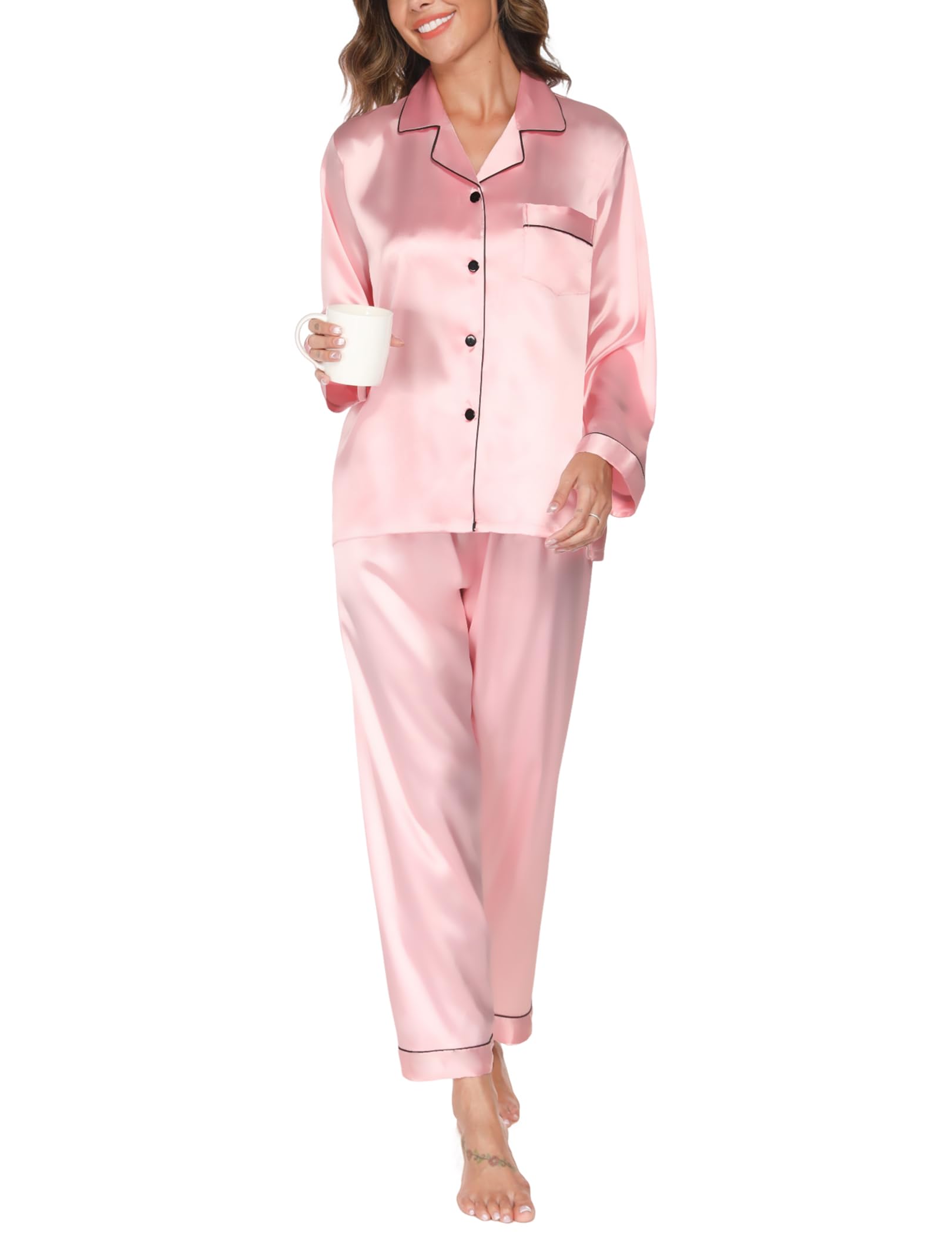 Reliwel Women's Pink Pyjama Sets Silk Satin Long Sleeve Button Down Pyjamas Two Piece Silk Pjs For Sets Sleepwear Loungewear Nightwear For Spring Summer,,S
