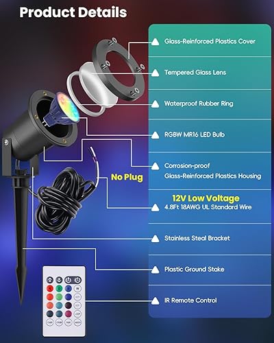 Miniatura 7 de Luz de estanque RGB de 12 V bajo el agua, RGB+CCT sintonizable 2700K-6500K MR16 Bombilla LED con control remoto, sumergible para estanques,