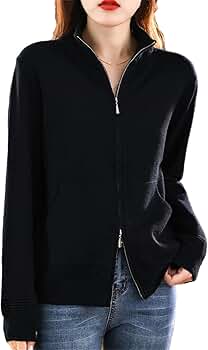 Women Wool Sweater Double Zipper Cardigan Casual Knitted