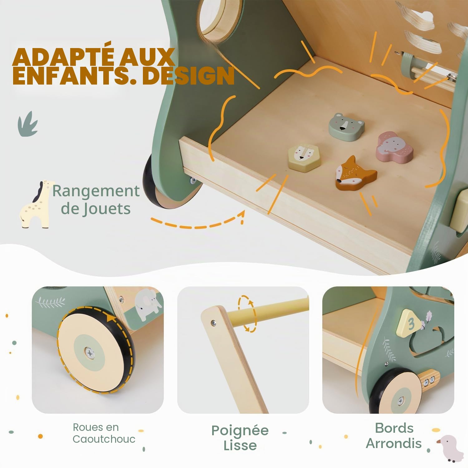Labebe Trotteur 8 en 1 - Chariot de Marche en Bois avec Roues Caoutchoutées et Centre d'Activité pour Bébé