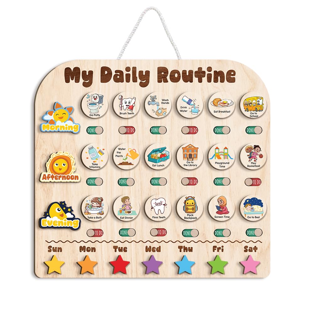 Wooden Daily Routine with Stars, Chore Chart for Kids, Visual Schedule for Kids, Morning Evening Routine Chart, Preschool Routine Chart, Routine Chart for Kids