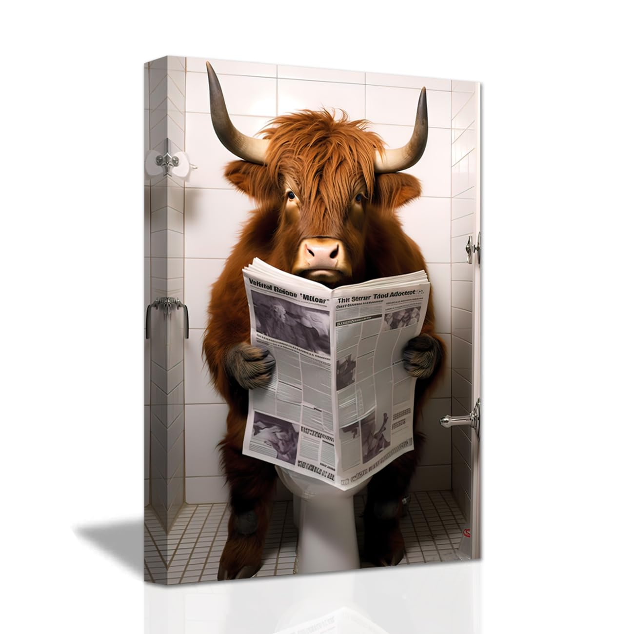 LZIMU Highland Cow Wall Art - Cute Cattle Sitting on Toilet Reading Newspaper Canvas Prints - Funny Animals Bathroom Pictures Wall Decor Framed (24"x36" / 60x90 cm) โ image 1