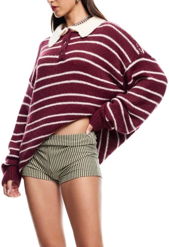 Women Y2k Rugby Polo Shirt Striped Knit Sweater Long Sleeve Collared V Neck Sweatshirt Oversized Pullover Tops - Image 6