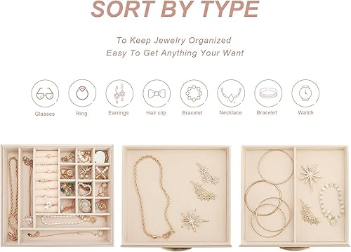 Miniatura 5 de Caja organizadora de joyas, organizador de joyas de 3 capas con 2 cajones, cajas de joyería para exhibir aretes, collar, reloj, pulsera y anillos,