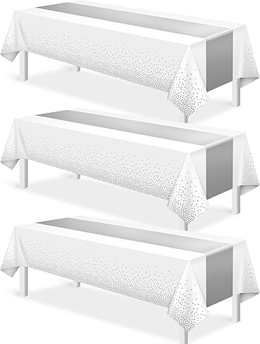 3 manteles blancos y plateados para decoración de fiesta, mantel de plástico blanco impreso, mantel rectangular desechable para cumpleaños, boda,