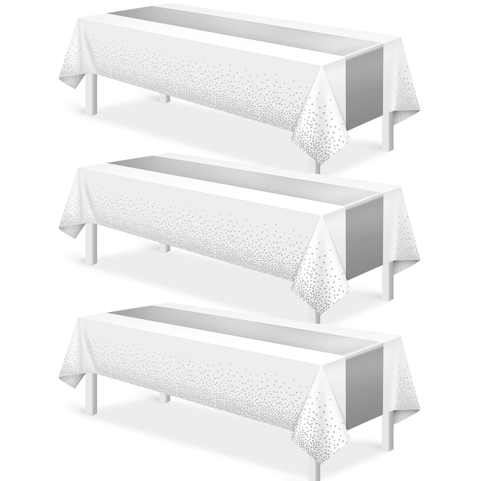 3Pcs White and Silver Tablecloth Party Decorations,Plastic White Table Cloth Printed Silver Runner Disposable Rectangle Table Cover for Birthday Wedding Anniversary Graduation Party,54 x108 Inch