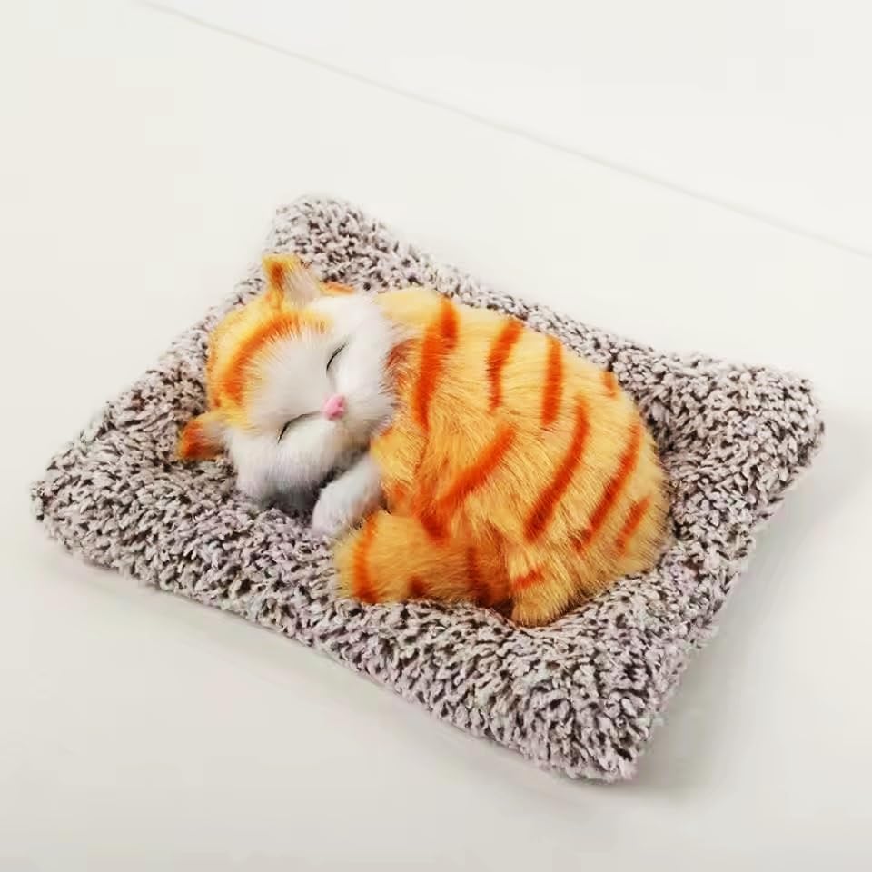 Image of Sleeping Cat Plush Toy with Press Simulation Sound, Sleeping Cat Stuffed Animal Fur Soft Toys with Sound for Kids Car Dashboard Cat & Office Desk (Stripped Orange)