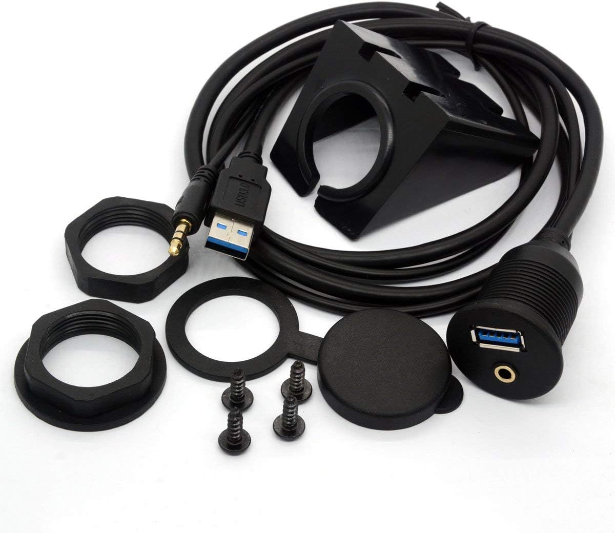 USB 3.0 Flush Mount Cable - USB 3.0 and 3.5mm Aux Extention Mount, Flush, Dash, Panel Mount Cable 1/8 AUX for Car Bike Boat Motorcycle Radio Stereo Android (1 Meter/3 Feet)