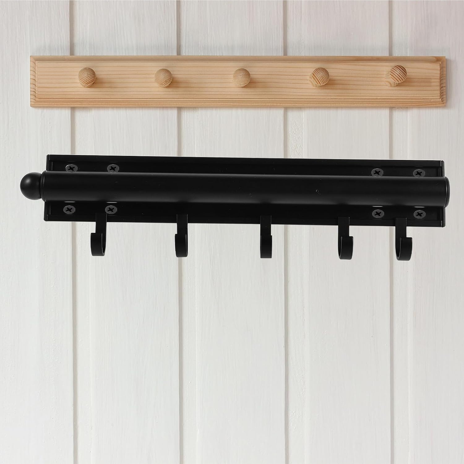 Retractable Closet Valet Rod with Sliding Detachable Hooks, Adjustable 21-inch Black Hanging Rod for Clothes, Space-saving Pull-out Wardrobe Organizer for Closet Storage