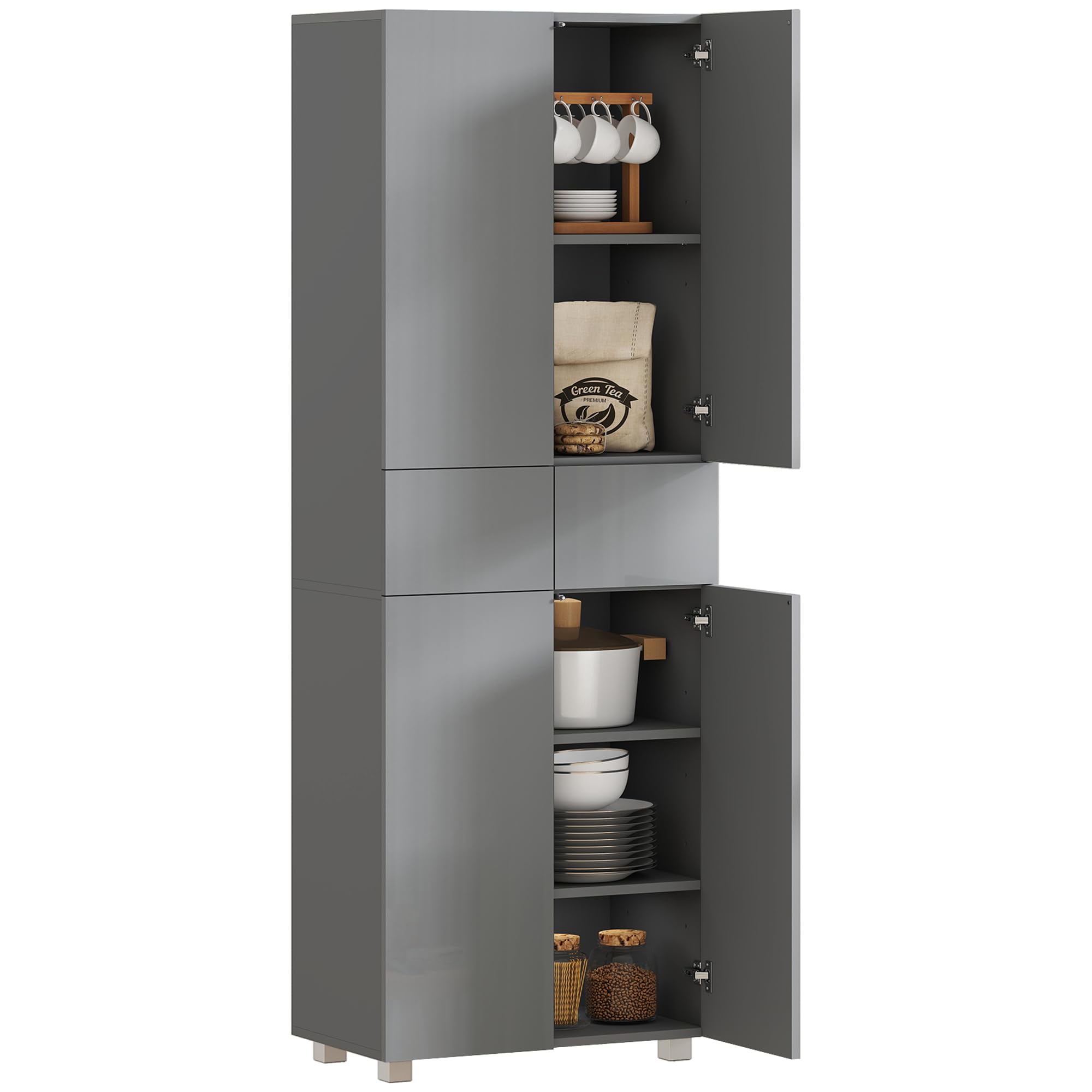 HOMCOM 4-Door Kitchen Cupboard, Tall Freestanding 5-Tier Storage Cabinet with 3 Adjustable Shelves, 2 Drawers for Living Room, Dining Room, Push to Open Design, High Gloss Grey
