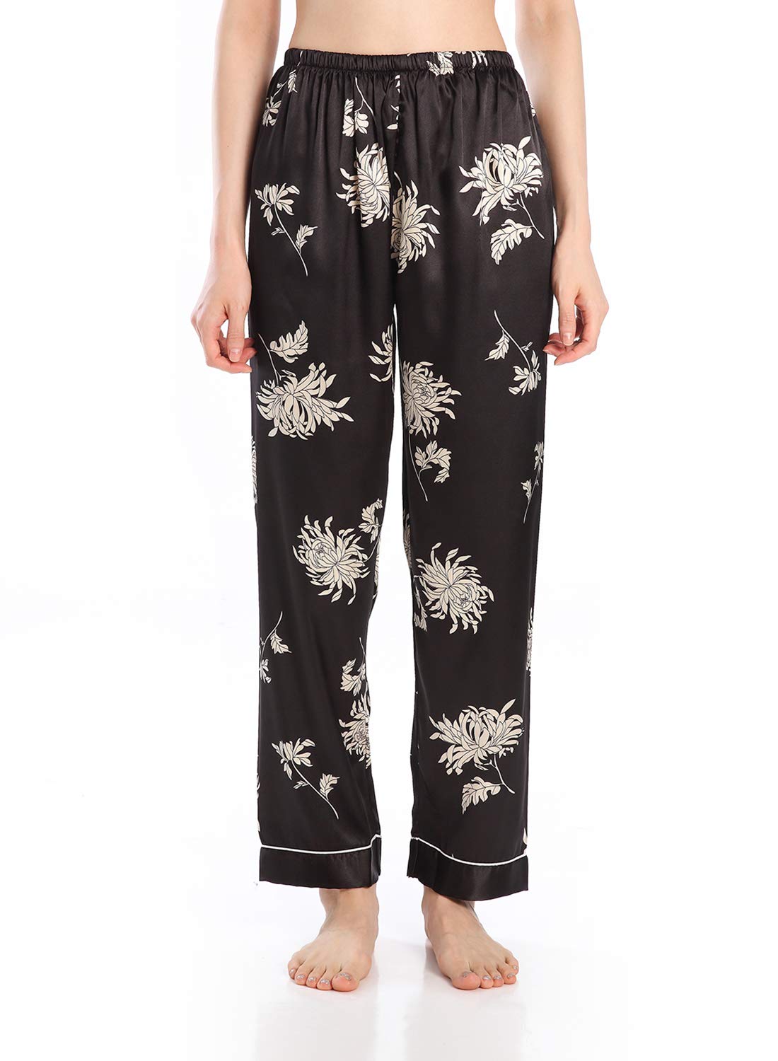 Wantschun Womens Satin Silk Sleepwear Long Pajamas Pants Nightwear Loungewear Pj Bottoms Trousers Black Flower Medium