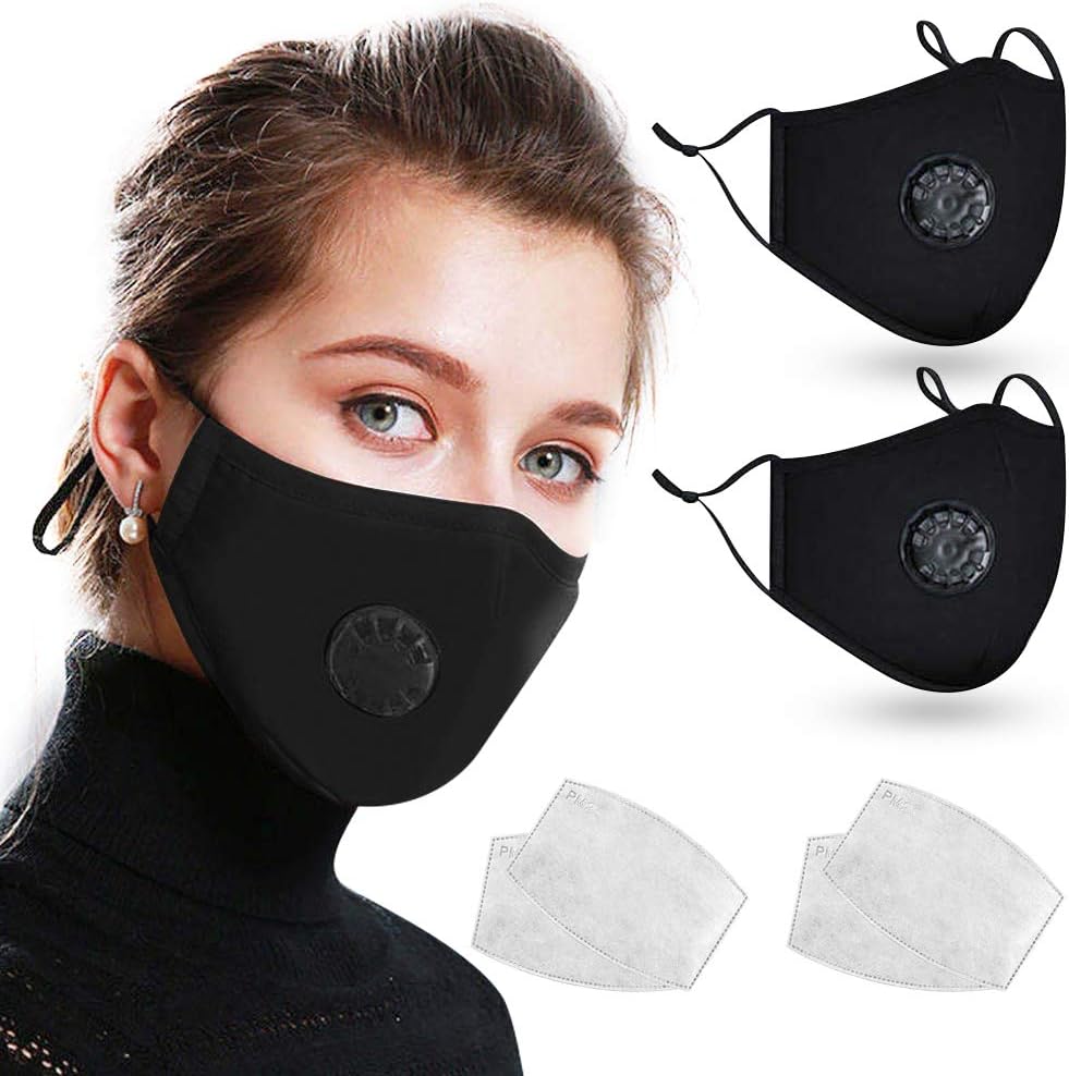 2 Pack Cotton Face Bandana Shields with Breathing Valves, Loisuzn Washable Reusable Protective Fabric Cloth with 4 Carbon Filters and Adjustable Ear Loops - Black