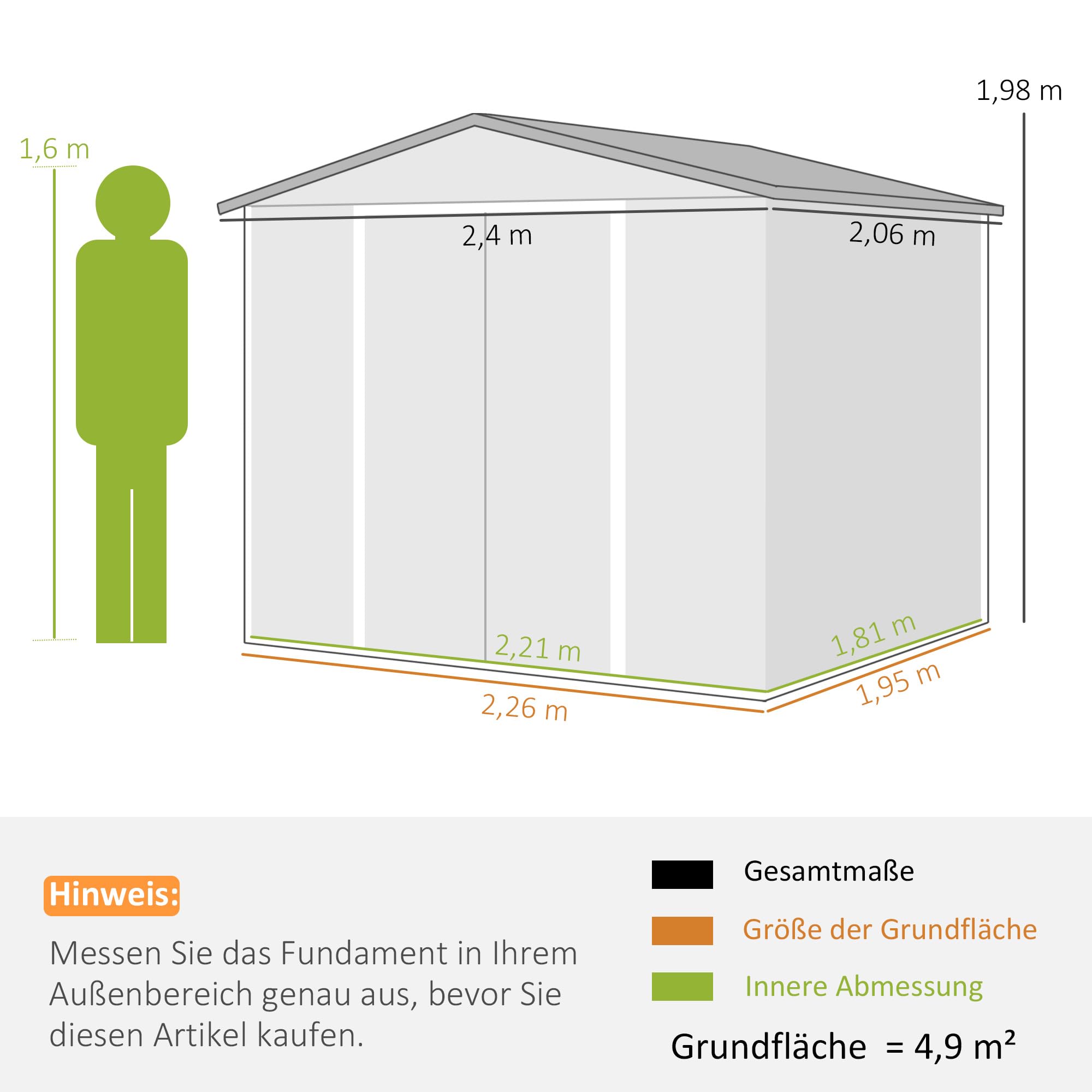 Outsunny Gerätehaus 4,4 m², Gartenhaus mit Pultdach, Schiebetür, Fundament, 240 x 206 x 198 cm, Verzinkter Stahl, wetterfest