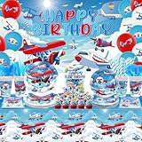 Airplane Birthday Party Decorations, Airplane Party Supplies, Plates Cups Napkins Tablecloth Happy Birthday Backdrop Balloon Cake Toppers for Plane Theme Party Baby Shower Supplies