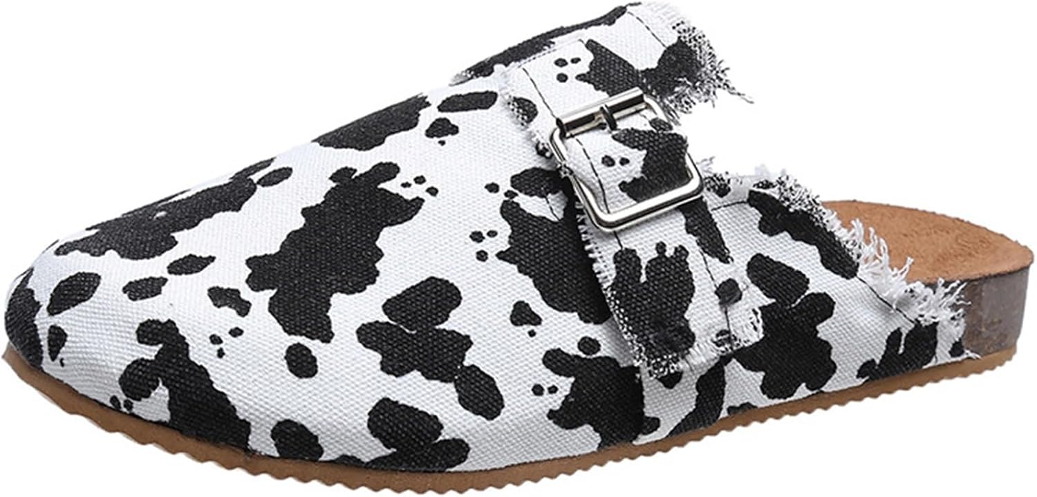 Women’s Flat Mule Shoes Comfy Clogs Suede Slip on Backless Slipper Summer Classic Round Toe Adjustable Buckle with Arch Support Anti Slip Sandals Unisex for Home Office (Color : Cow, Size : 9.5 US)