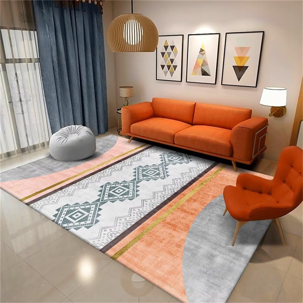 Tapis antidérapant design géométrique gris-orange grand tapis salon 70x140cm