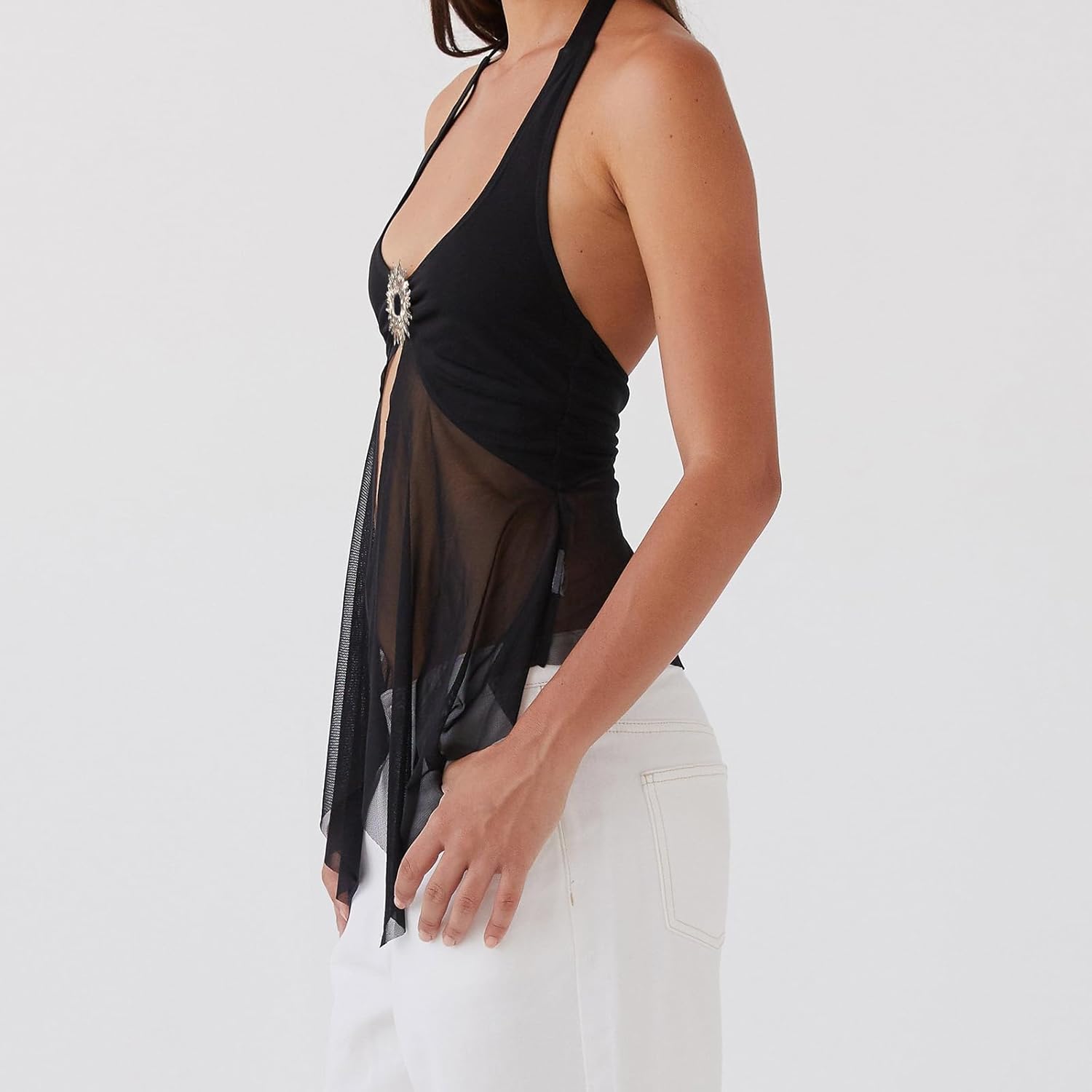 Women Halter Top Y2k Flowy Sheer Mesh Split Hem Backless Going Out Tank Top Festival Clubwear - Image 4