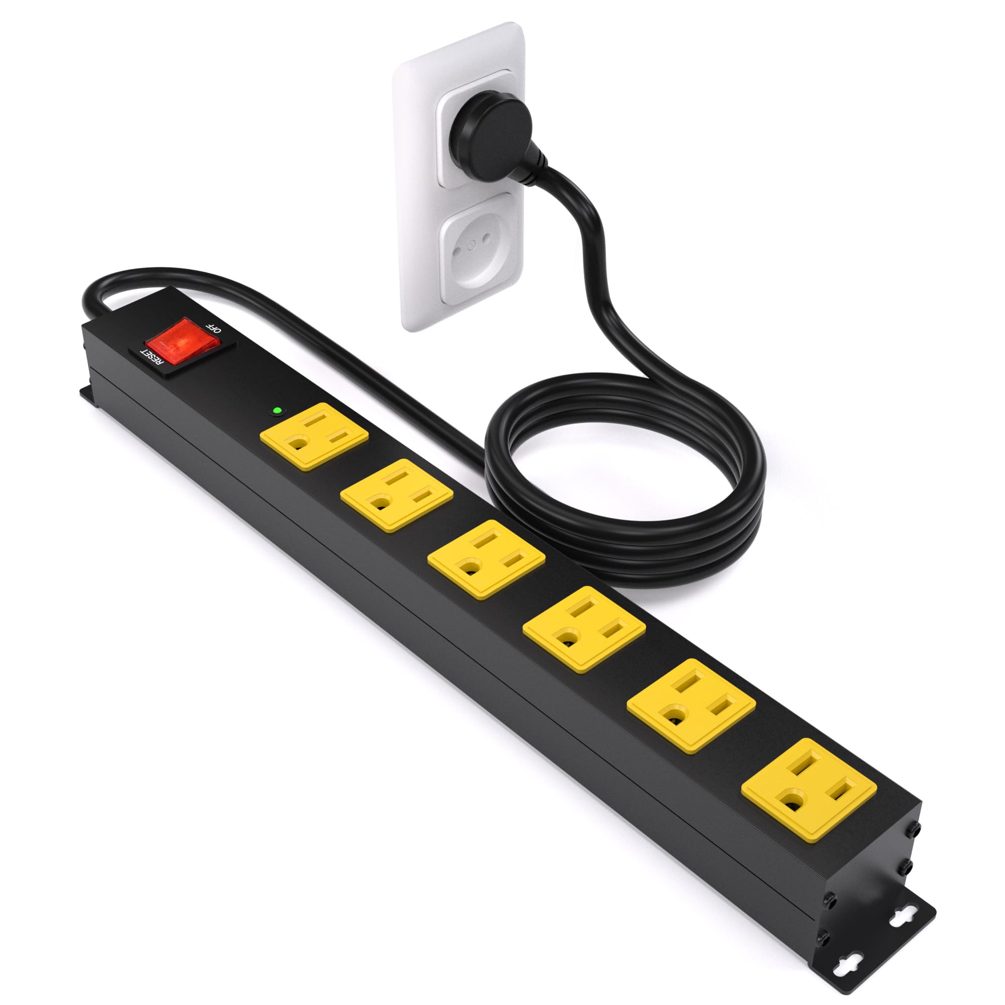 Heavy Duty 6 Outlet Metal Long Power Strip, 2700J Surge Protector with 15A Circuit Breaker, 6FT Extension Cord, Wall Mount for Garage, Workshop & Industrial Use, Wide Spaced (6ft)