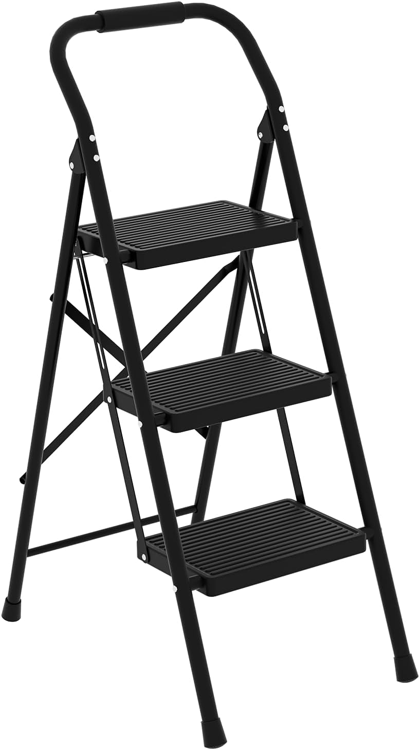 Step Stool for Adults,2 Step Ladder Folding 330lbs Anti Slip Step Stool,Foldable Ergonomic 2 Steel Stool with Wide Pedal for Home, Kitchen, Office (Gray)