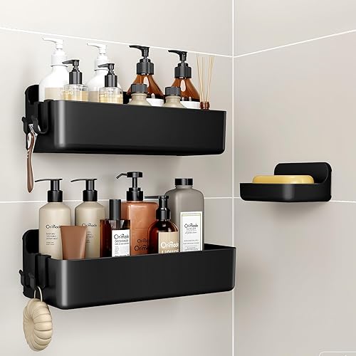 Orimade Shower Caddy 3-Pack, No-Drill Adhesive Shelves with 4 Hooks for Bathroom, Rustproof ABS Storage Organizer Set, Black
