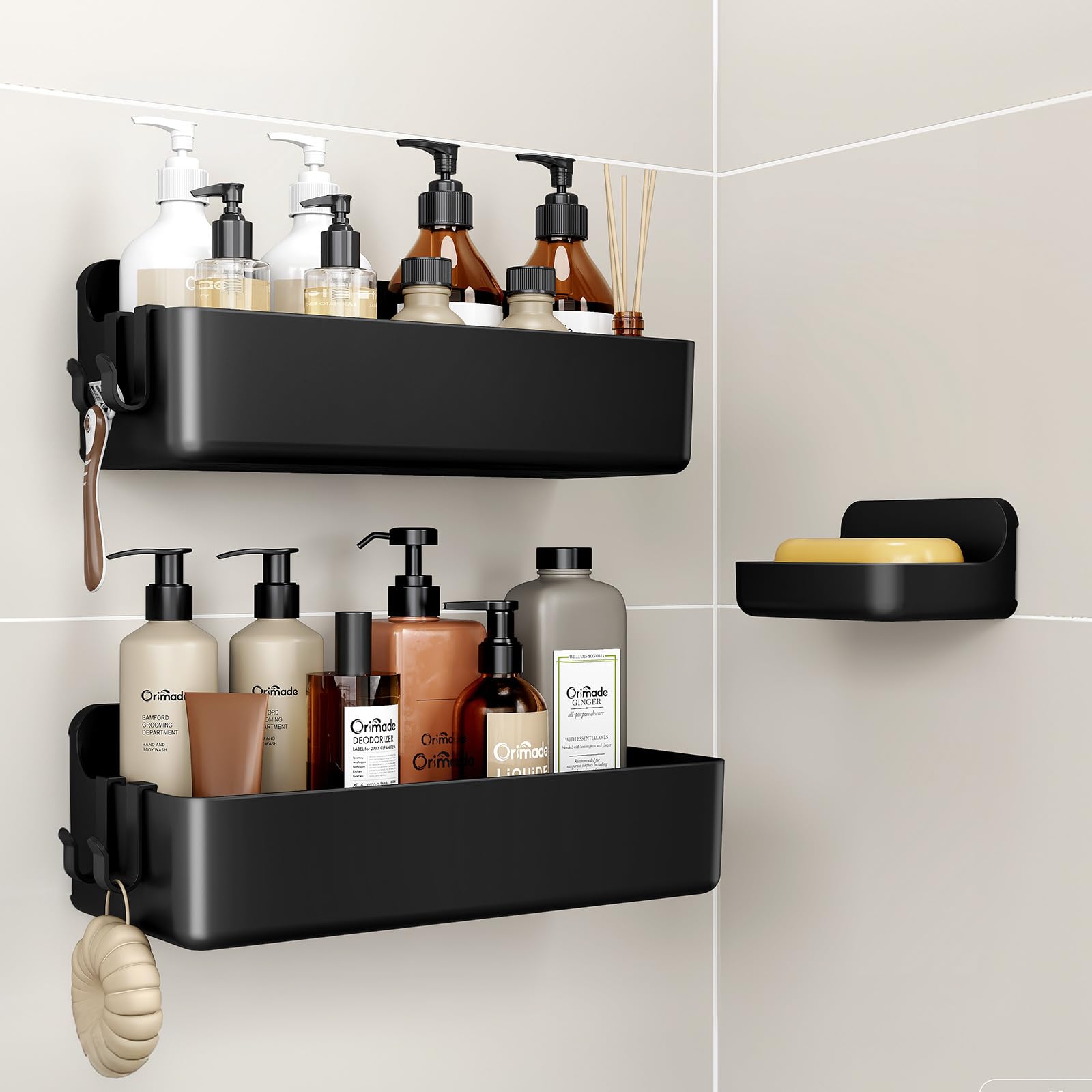 Orimade Shower Caddy 3-Pack No-Drill Adhesive Shelves with 4 Hooks for Bathroom Rustproof ABS Storage Organizer Set Black