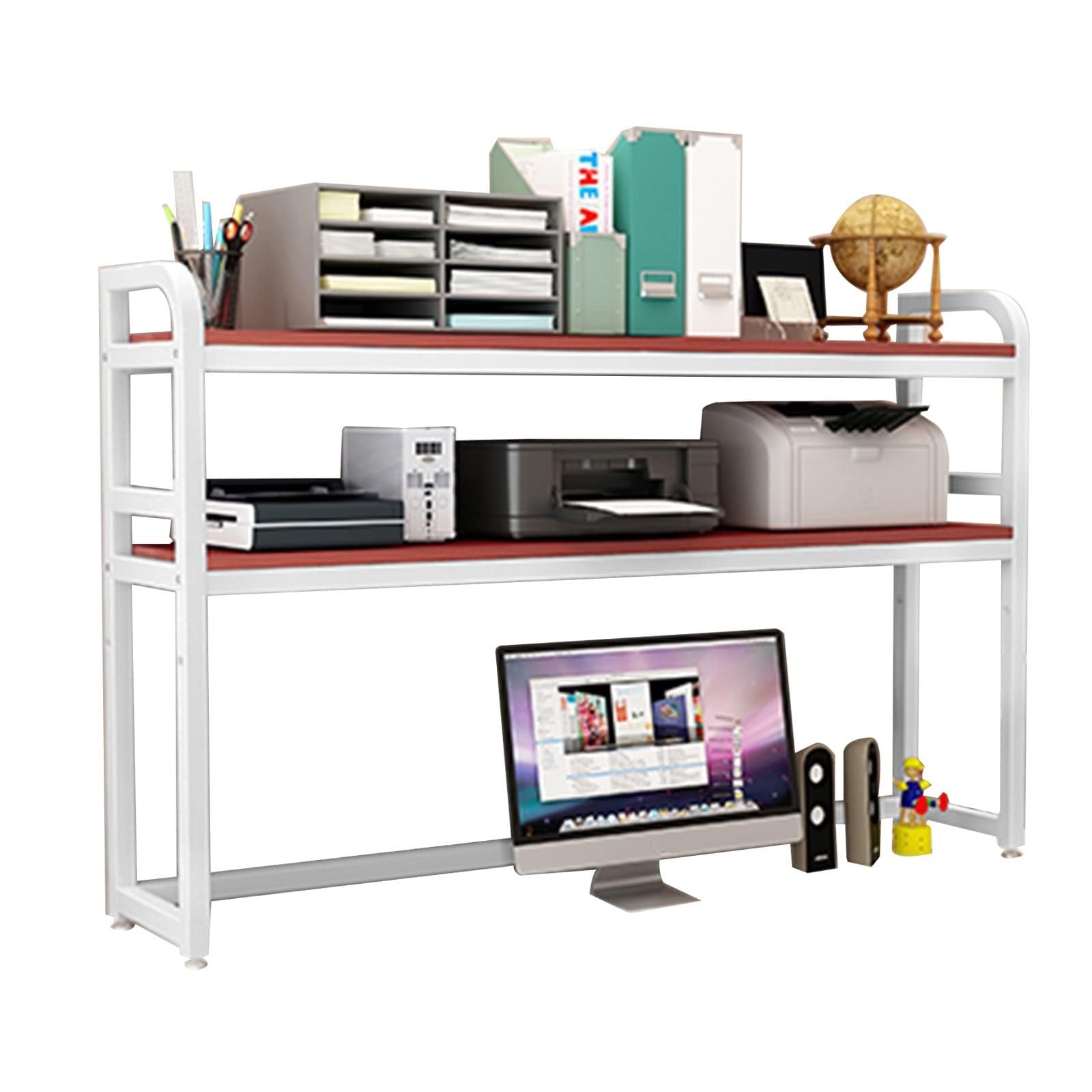 ASerZenith Desktop Bookshelf Bookshelf - Desktop Bookshelf Organization Rack, 2-tier Solid Wood Computer Desk Bookcase, Wrought Iron Storage Organizer