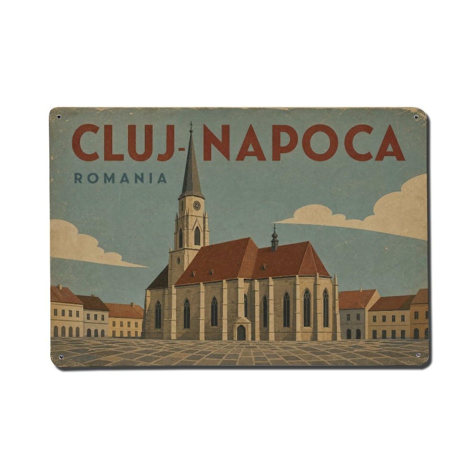 Vintage Travel Romania Cluj-Napoca Metal Tin Sign Plaque Wall Decor for Cafe, Club Bar, Office, Garden Metal Poster 8x12Inch