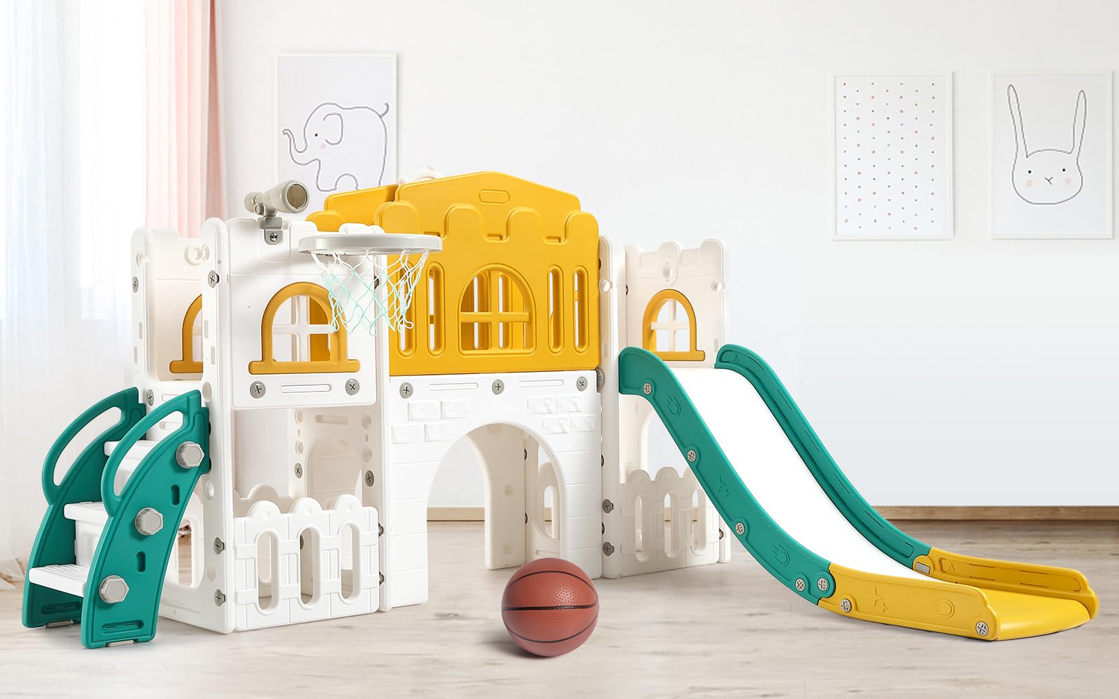 GarveeLife 8-in-1 Toddler Indoor Playground with Slide: Baby Slide Playset for Toddlers Ages 1-3 Outdoor Play, Kids Slide Includes Basketball Hoop, Climber, Crawling Tunnel, Telescope, Toy Storage