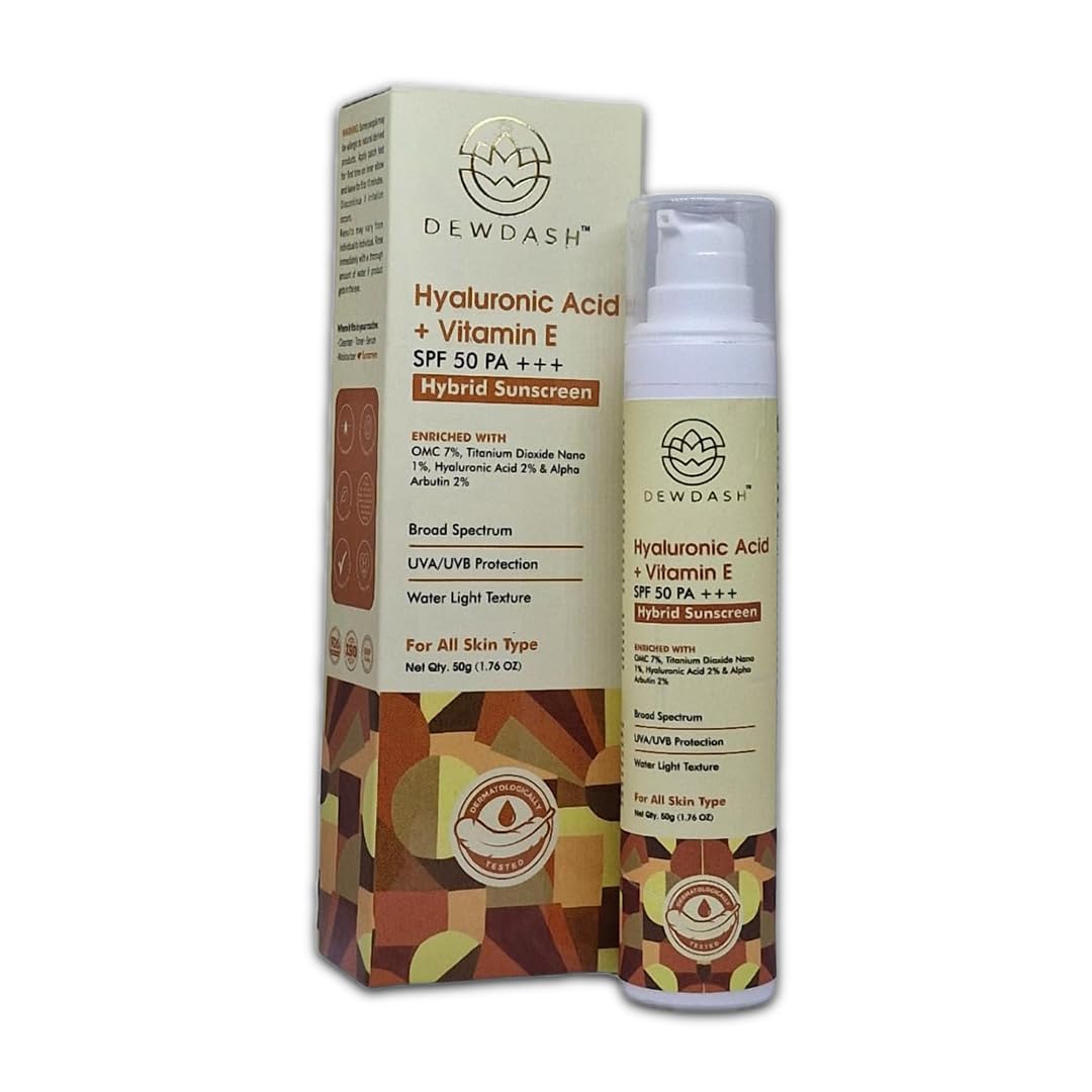 DEWDASH Hyaluronic Acid + Vitamin E SPF 50 PA+++ Hybrid Sunscreen 50mL | Suitable for all skin types
