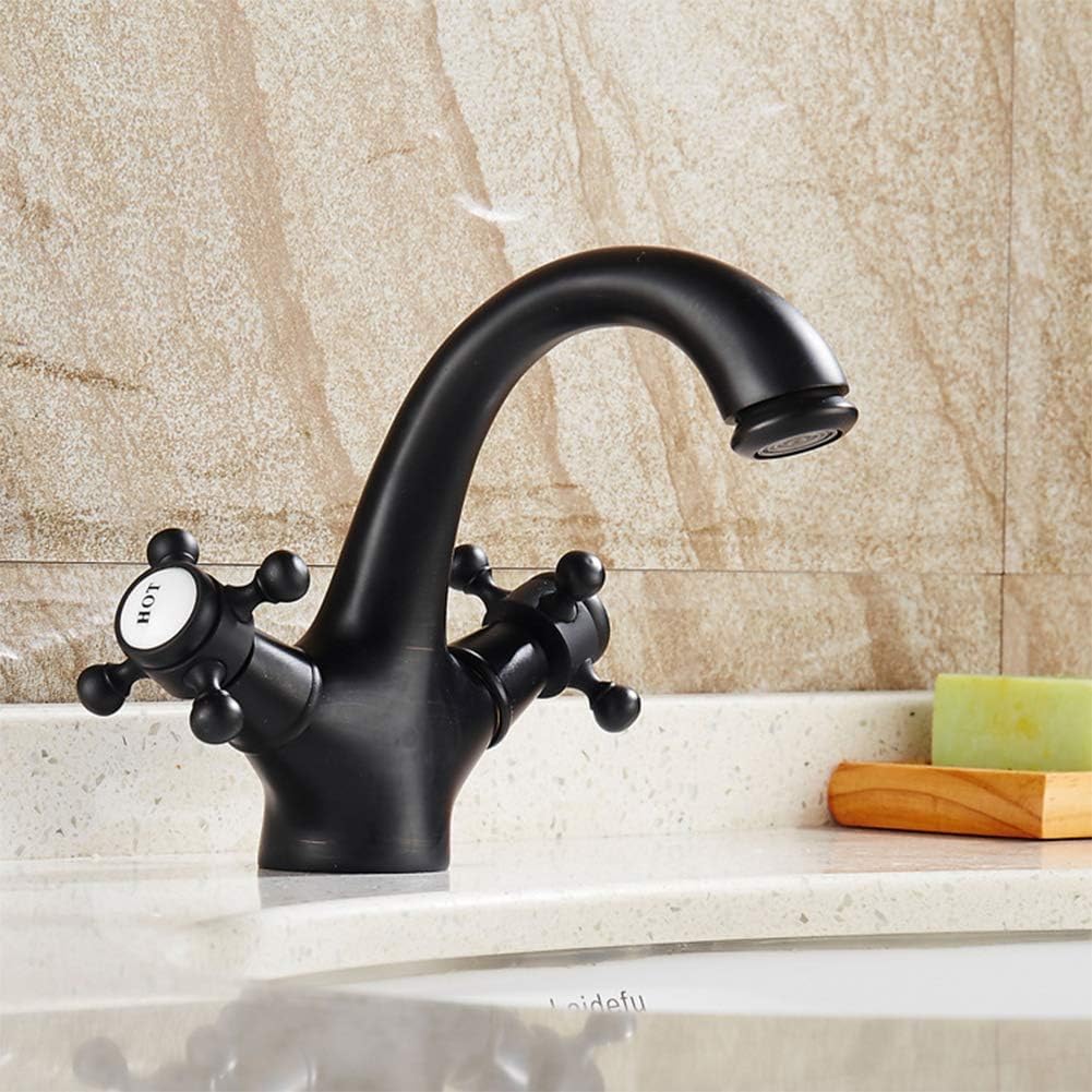 Grifo de baño retro negro con doble mando de latón para agua fría y caliente LWX