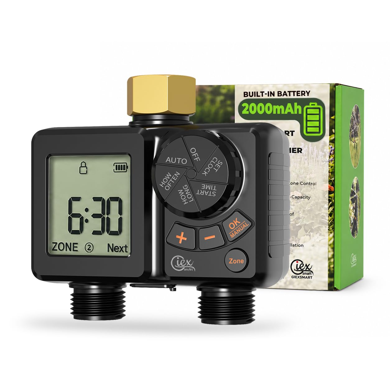 GIEX Ordinateur d'arrosage 2 voies, minuterie d'arrosage rechargeable 2 zones avec connecteur en laiton, minuterie d'eau programmable avec IP66, retard de pluie et irrigation manuelle pour jardin