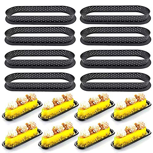 8Pcs Oval Tart Ring Mousse Circle Tart Ring Round Cake Molds Cake Rings Mousse Mold Cake Diy Baking Mould Tool Perforated Ring Non Stick Bakeware(Black-Oval) #TOP13