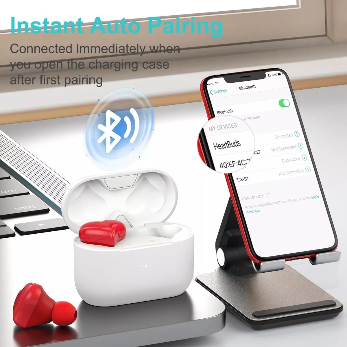 GOWENIC Earbuds, Stereo Sound Bluetooth Headphones with Noise Canceling, Heart Shaped Design and 3 Pairs Earbuds, for Phone Laptop