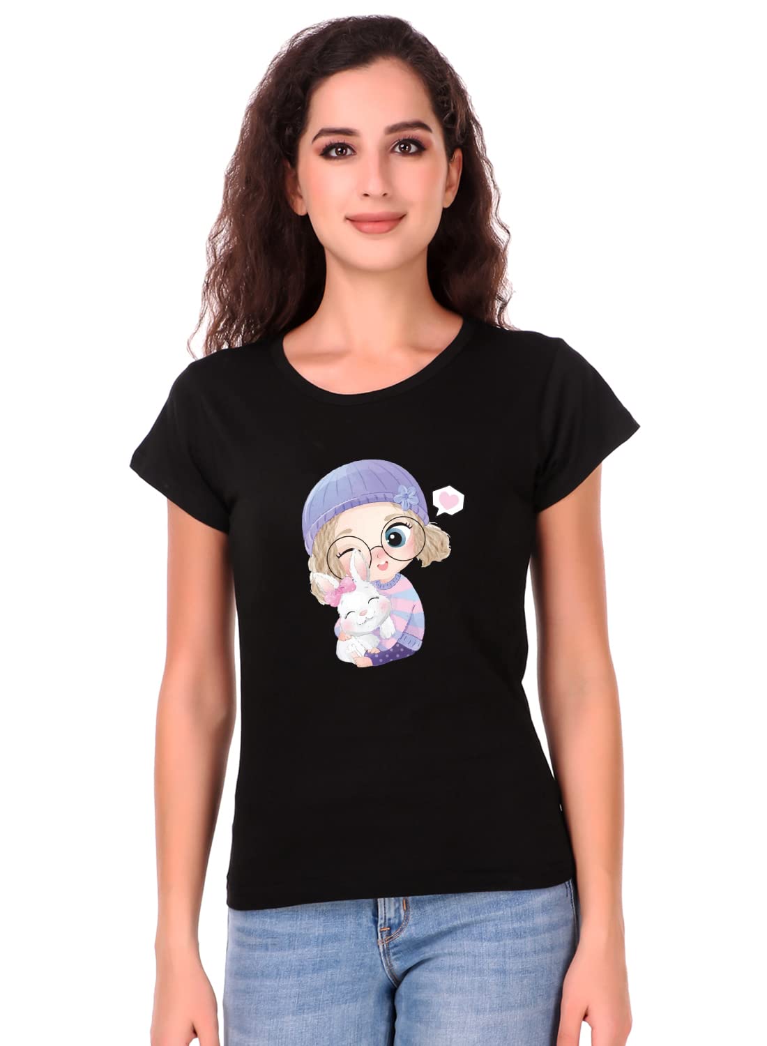 SquareknotGrils Baby Doll Cartoon Style cartoongraphic Printed Premium Trending Stylish Women Tshirts | Round Neck 100% Cotton Summer Special Tshirts for Women Black Tops for Women M