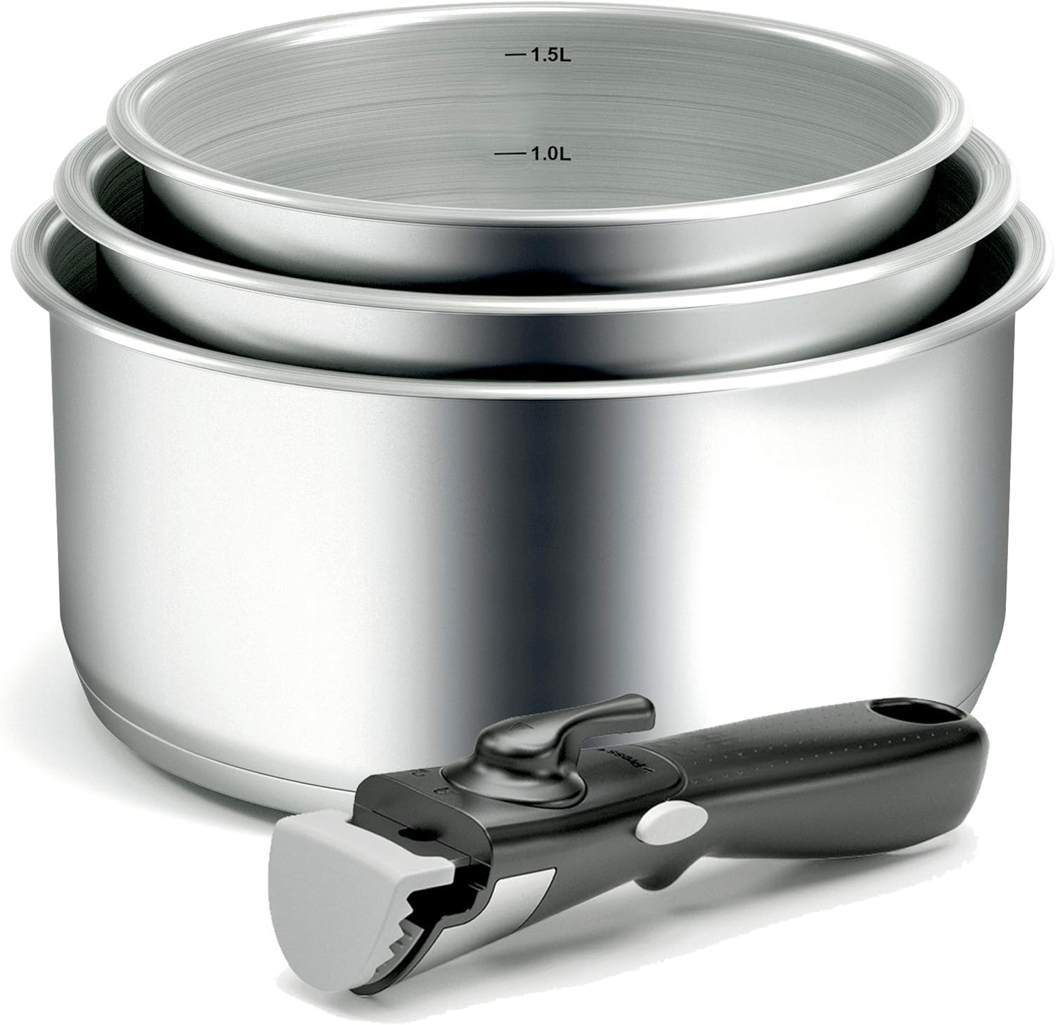 Backen 191199, Set de Casseroles 16,18,20cm, Inox, 4 Pièces, Tous Feux dont Induction, 1poignée amovible, Empilable, Compatible lave-vaisselle, Polyvalence, Gain de place, Garantie 5 ans.