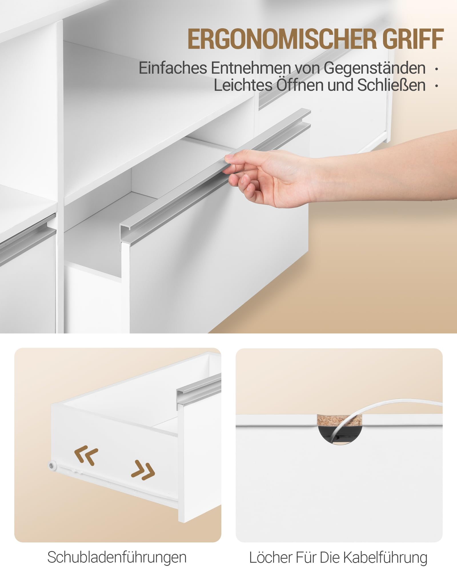 Hzuaneri TV-Schrank mit RGB LED Beleuchtung (25 Farben), TV Cabinet für Fernseher bis zu 65 Zoll 143,5 lang, TV Board mit 3 Schubladen, 3 offenen Fächern für Wohnzimmer, Schlafzimmer, Weiß TV16503WEU