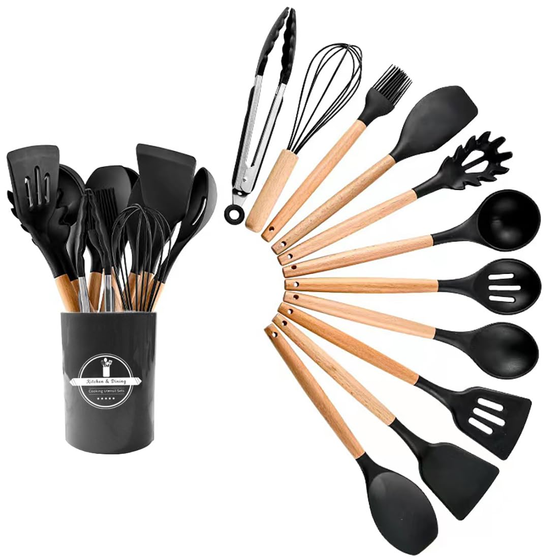 GJIE Kitchen Utensil Set, 12 PCS Silicone Cooking Utensils Set including Wooden Handle, Heat Resistant