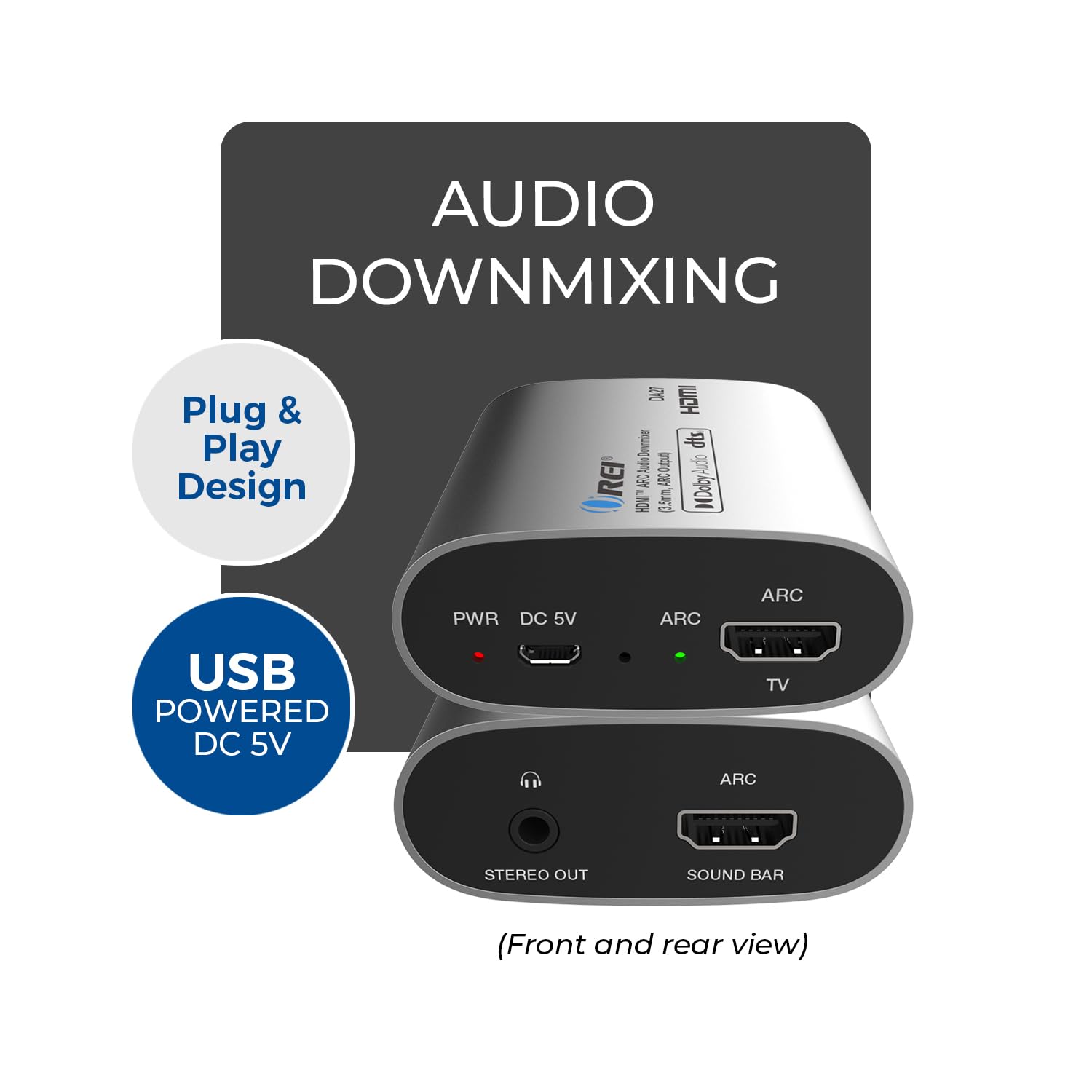 OREI DA27 HDMI ARC Extracteur audio et mélangeur descendant – Dolby DTS 5.1 vers convertisseur stéréo 2 canaux, HDMI ARC Pass-through, sortie analogique 3,5 mm, contrôle du volume CEC pour barre de