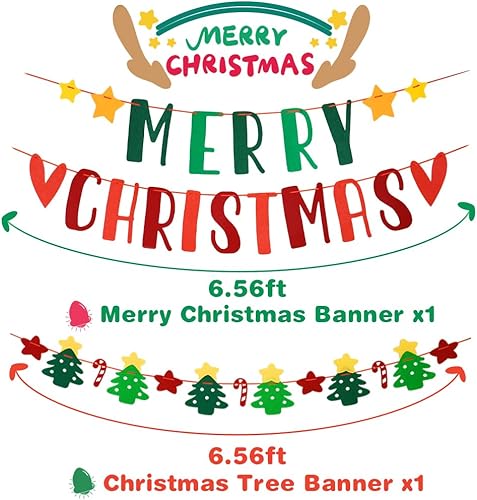 Miniatura 5 de Cartel de fieltro de Feliz Navidad, árbol de Navidad, bastón de caramelo, guirnalda de Navidad de estrella, cuerda de fieltro rojo y verde para