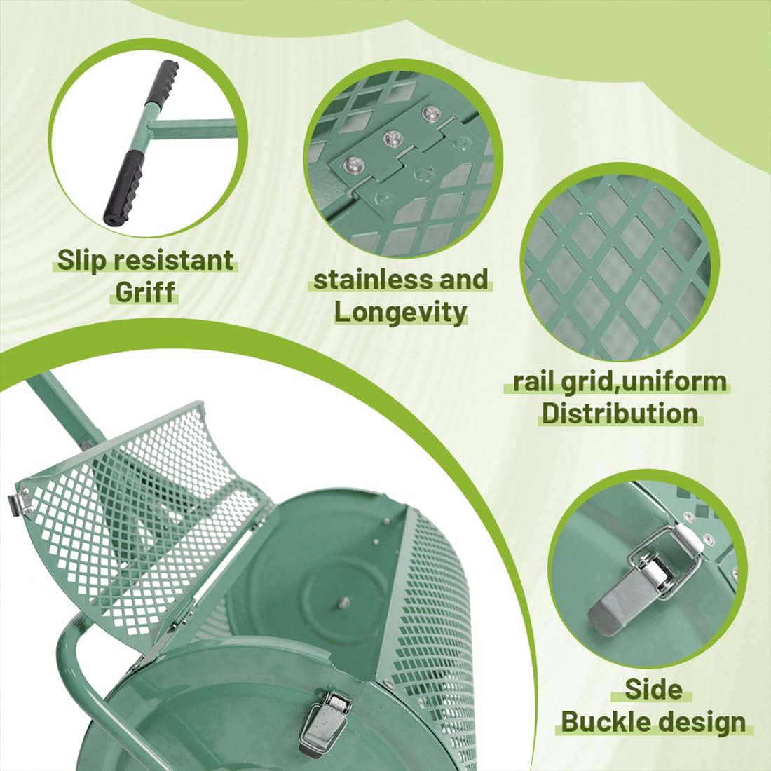 Esparcidor De Compostaje De 75 L con Asa,con Bloqueo Lateral para Esparcir Fertilizante,Multiusos, Red De Metal, Esparcidor De Abono, Rodillo De Semillas, Esparcidor De Semillas, Color Verde