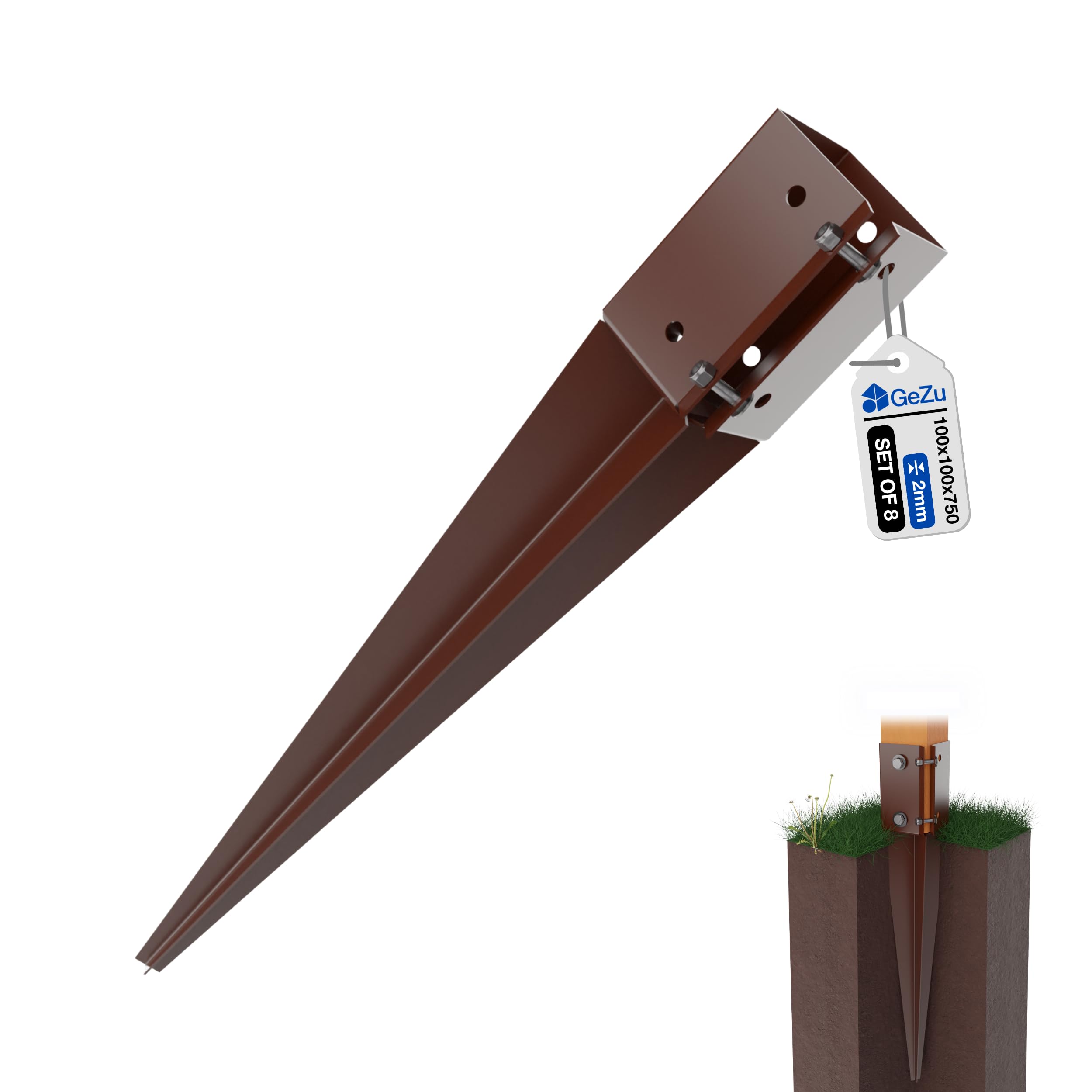 GeZu Impex Swift Clamp Drive In Post Support 100 x 100 x 750 mm Powder Coated Set of 8 Ground Spike Anchor Fence Post Holder Drive Down Spike Clamp โ image 1