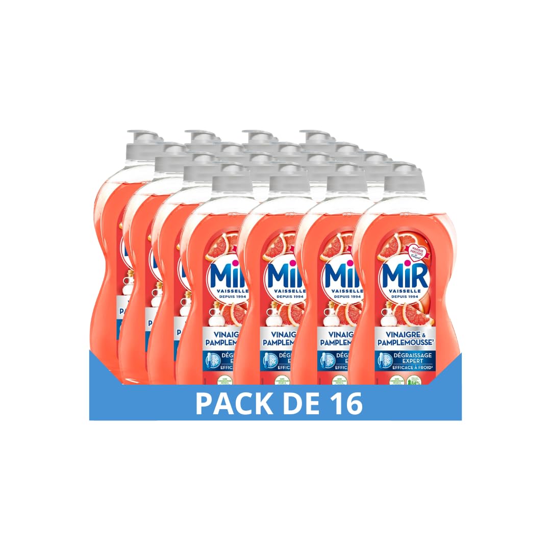Mir Vaisselle - Liquide Vaisselle Mains - Dégraissage Expert - Pamplemousse et Vinaigre - Dégraissant - Efficace à froid - Sans Conservateurs ni Allergènes Parfum - 450ml - Lot de 16