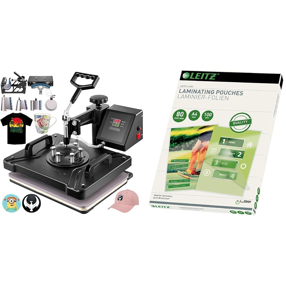 VEVOR Transferpresse Hitzepresse 38x30cm Textilpresse T-Shirt Heat Press 360 Grad Schwenkbar 8 in 1 & Leitz Heißlaminierfolien A4 80 mic