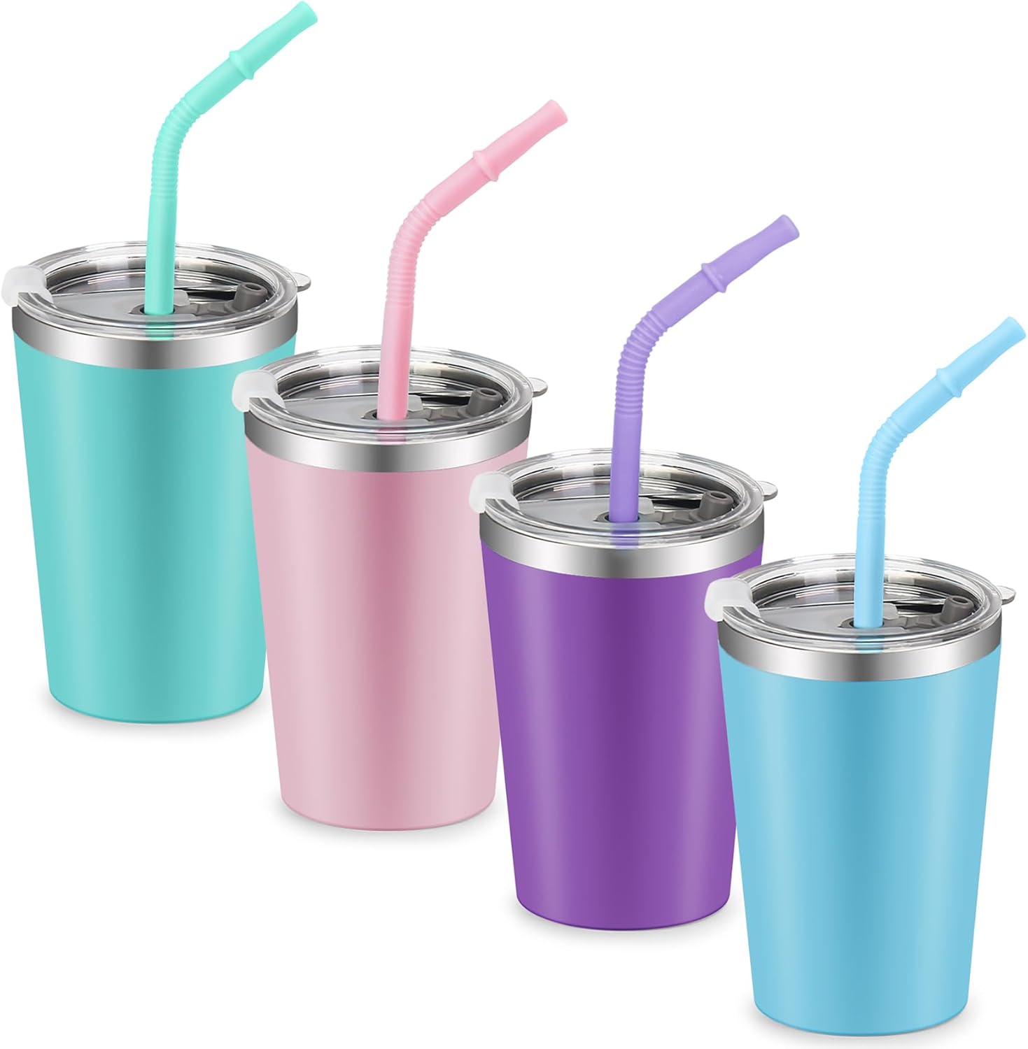 Kids Tumblers with Lids and Straws, 4 Pack Stainless Steel Cups with Lids Spill Proof, 12oz Double Wall Vacuum Insulated Cups for kids and Adults